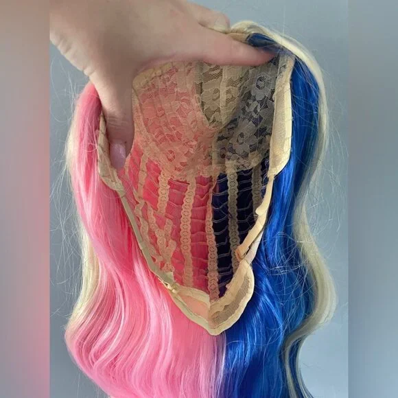 Long pink blue Harley Quinn wig - Picture 6 of 6